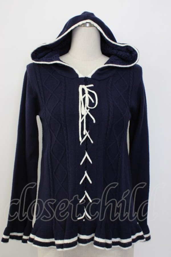 画像1: axes femme / フロント編み上げニットフードトップス  紺Ｘ白 T-26-01-08-002-AX-TO-SA-ZT (1)