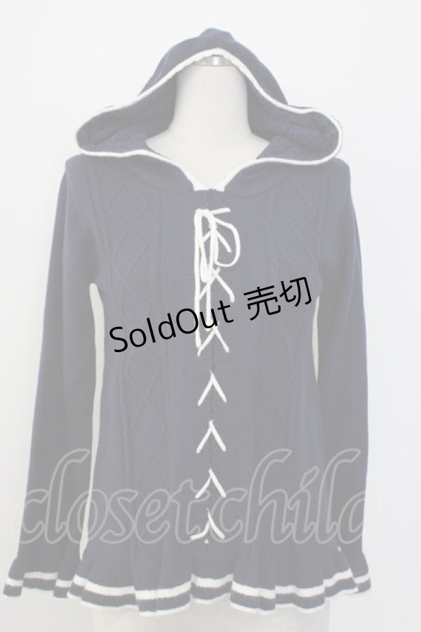 画像1: axes femme / フロント編み上げニットフードトップス  紺Ｘ白 T-26-01-08-002-AX-TO-SA-ZT234 (1)