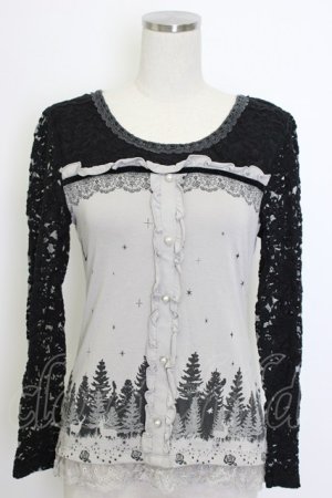 画像: axes femme / レース切り替え森柄トップス  グレーＸ黒 T-26-01-10-001-AX-TO-SA-ZT276