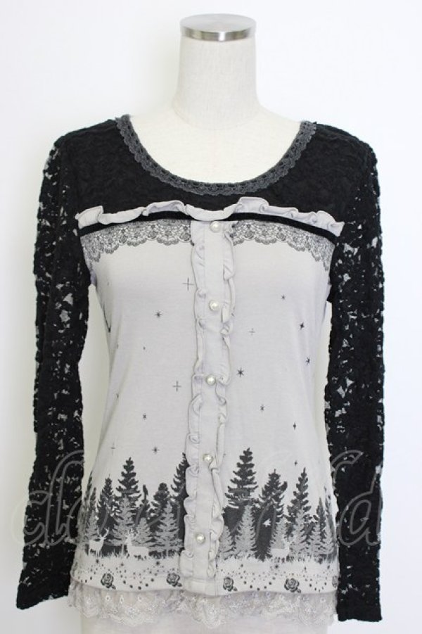 画像1: axes femme / レース切り替え森柄トップス  グレーＸ黒 T-26-01-10-001-AX-TO-SA-ZT (1)