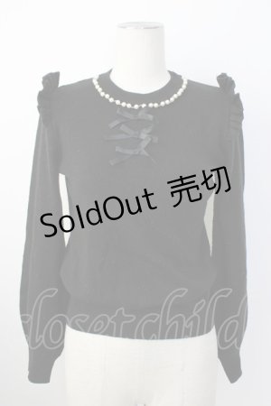 画像: Ank Rouge / ハイネックパール&リボンニットトップス  黒Ｘ白 T-26-01-16-012-CA-TO-SA-ZT