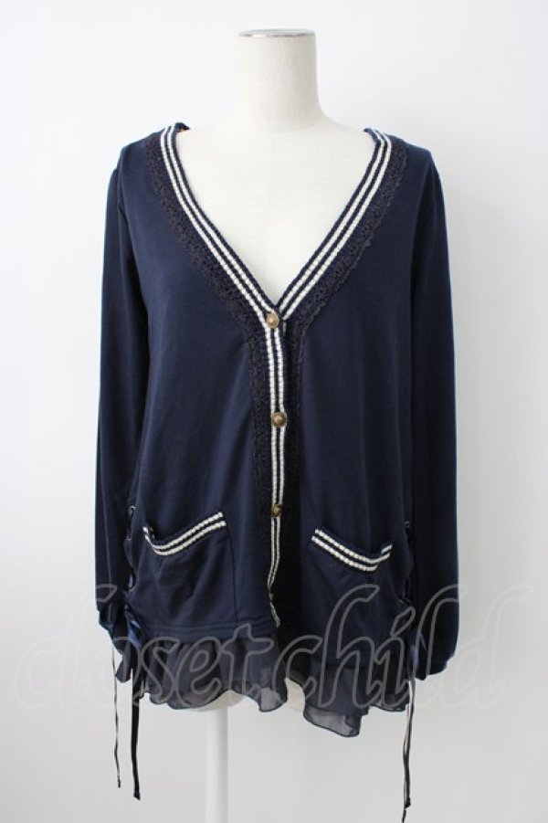 画像1: axes femme / サイドポケット裾シフォンカーディガン  ネイビーＸ白 T-26-01-21-011-AX-TO-SA-ZT (1)