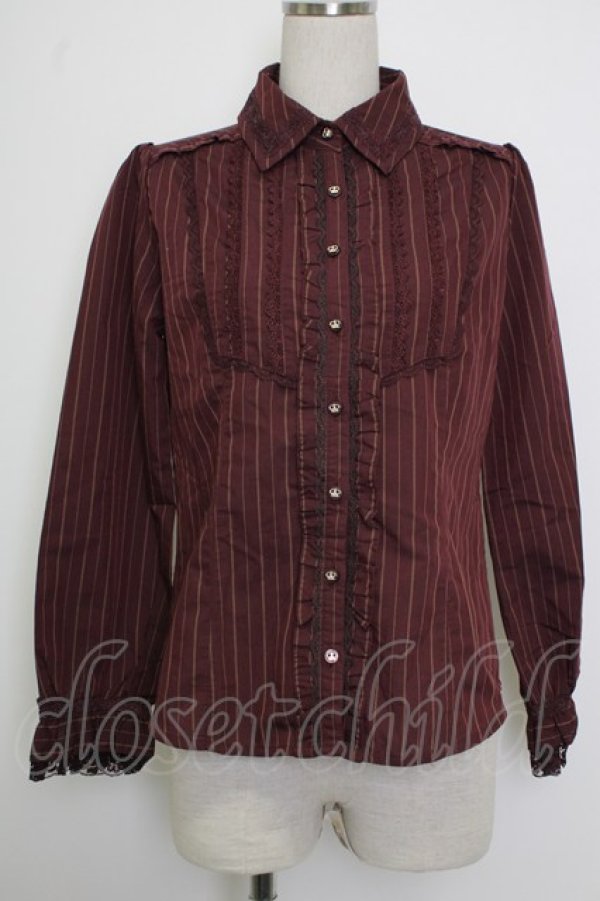 画像1: axes femme / 王冠ボタンストライプフリルブラウス  ボルドー T-26-02-02-004-AX-BL-SA-ZT (1)
