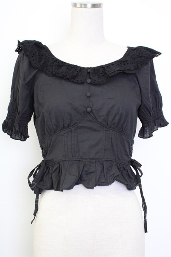 画像1: axes femme POETIQUE / コットンレース襟半袖トップス  黒 T-26-02-02-006-AX-TO-SA-ZT (1)