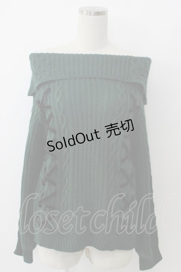 画像1: axes femme / 編み上げオフタートルニット  緑Ｘ黒 T-26-02-05-006-AX-TO-SA-ZT (1)