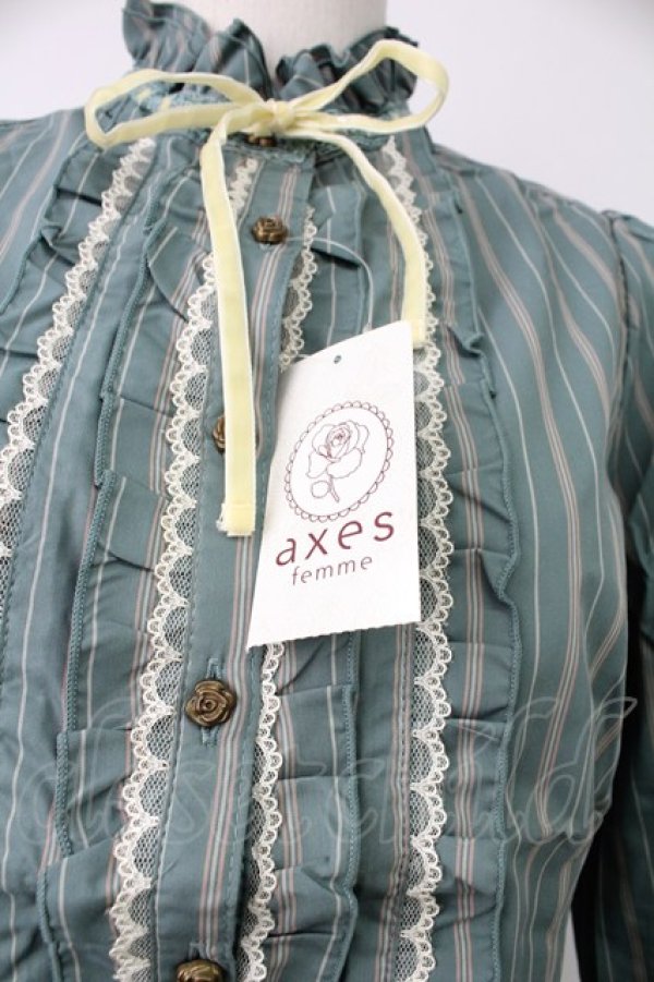 画像5: axes femme / 先染めストライプブラウス L グリーン T-26-02-07-004-AX-BL-SA-ZT (5)