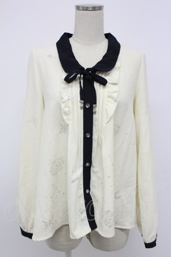 画像1: axes femme / 星座柄箔プリントブラウス M ホワイト×ネイビー T-26-02-08-005-AX-BL-SA-ZT (1)