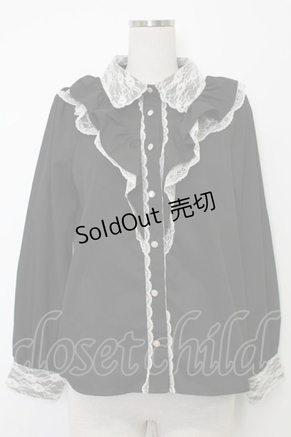 画像1: majoretty / レースフリル長袖ブラウス  黒Ｘ白 T-26-02-15-002-GO-BL-SA-ZT (1)