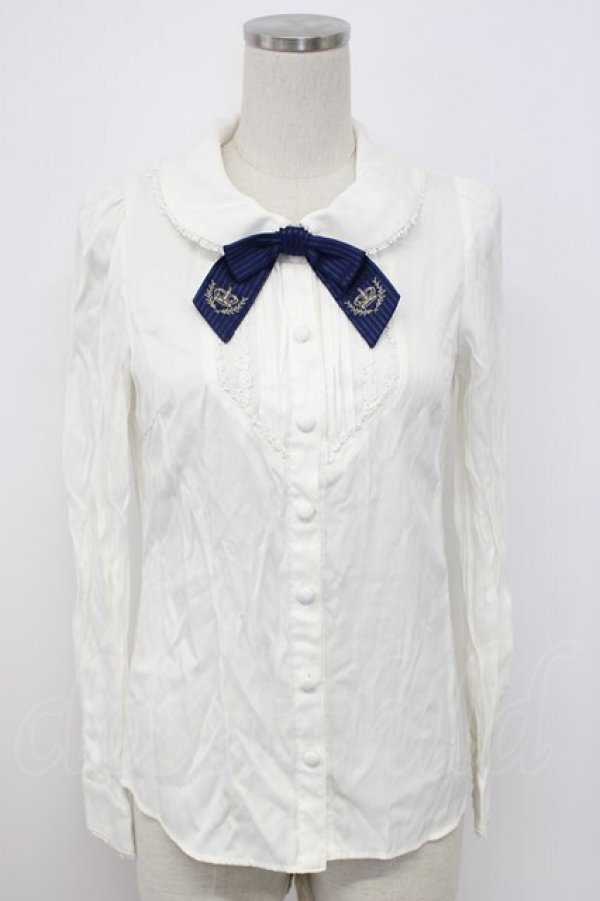 画像1: Secret Honey / クラウン刺繍リボンタイブラウス  アイボリーＸ青 T-26-02-17-005-CA-BL-SA-ZT567 (1)