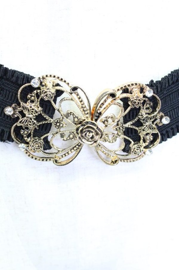 画像2: axes femme / 立体バラ×蝶ゴムベルト  ブラック×ゴールド T-26-02-24-065-AX-BL-SA-ZT (2)