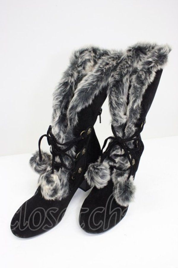 画像1: axes femme / ファーボンボンロングブーツ M 黒 T-26-03-01-033-AX-SH-SA-ZT (1)