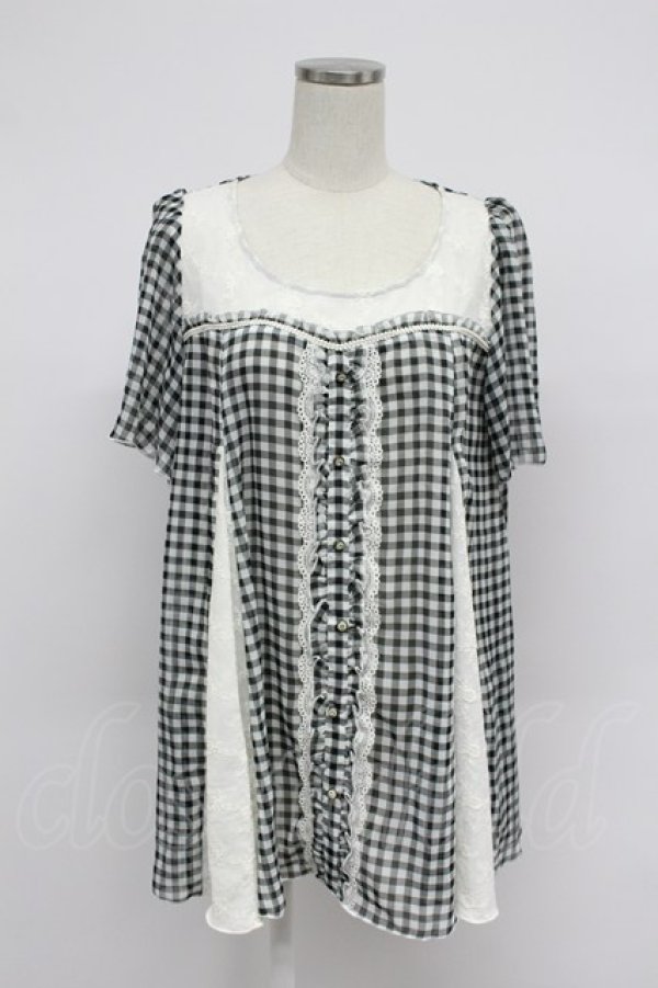 画像1: axes femme / ギンガムチェック切替シフォンブラウス風トップス  黒Ｘ白 T-26-03-07-036-AX-BL-SA-ZT (1)