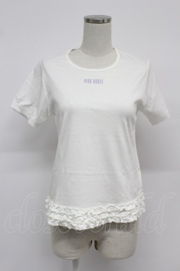 画像1: PINK HOUSE / フリルロゴ使い半袖カットソー  白Ｘラベンダー T-26-03-07-008-LO-TO-SA-ZT (1)