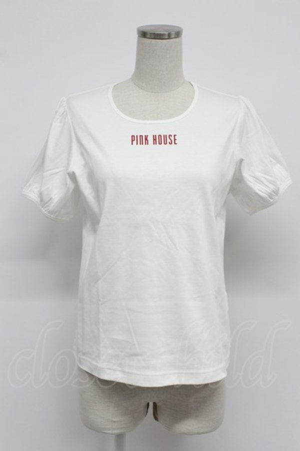 画像1: PINK HOUSE / ロゴ入りパフスリーブカットソー  白Ｘ赤 T-26-03-07-010-LO-TO-SA-ZT (1)