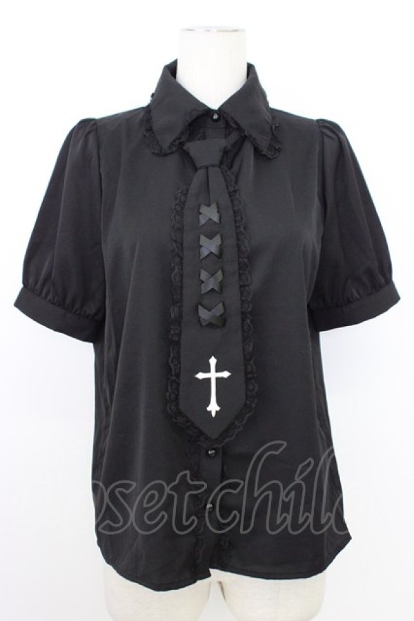 画像1: MA*RS / クロス刺繍ネクタイ付きブラウス  ブラック T-26-03-08-029-EL-BL-SA-ZT (1)