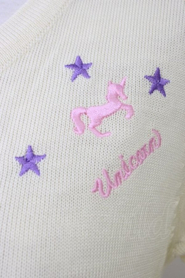 画像3: SWIMMER / ユニコーン刺繍半袖ニットカーディガン  アイボリー T-26-03-08-013-EL-TO-SA-ZT (3)