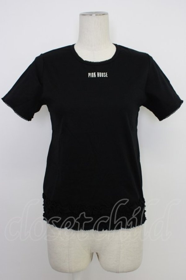画像1: PINK HOUSE / フリルロゴ使い半袖カットソー  黒Ｘ白 T-26-03-11-020-LO-TO-SA-ZT (1)