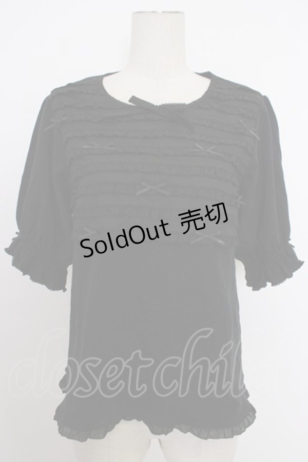 画像1: PINK HOUSE / リボンいっぱいフリル使いカットソー  黒 T-26-03-11-022-LO-TO-SA-ZT (1)