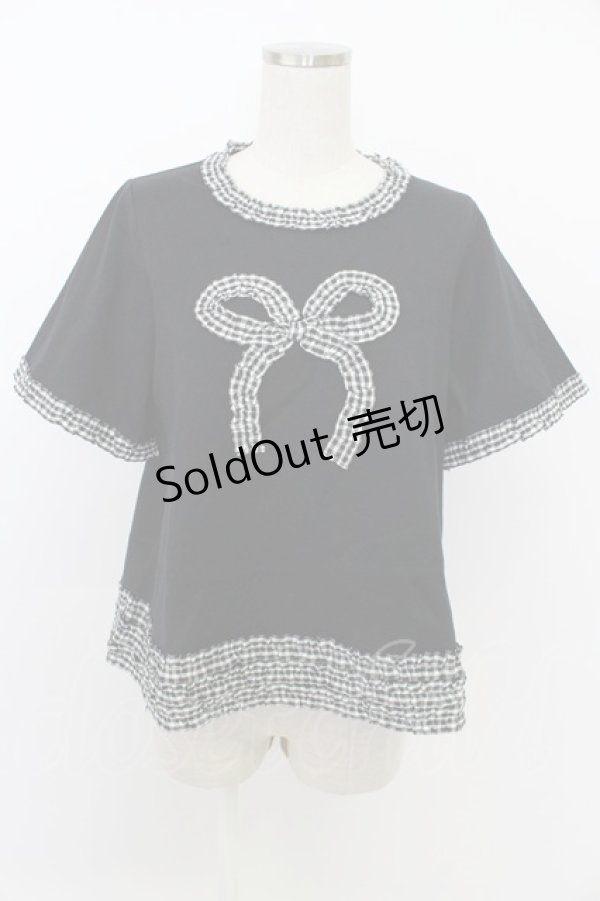 画像1: PINK HOUSE / ドビーギンガムフリルリボンモチーフ付きカットソー  黒Ｘ白 T-26-03-11-023-LO-TO-SA-ZT (1)