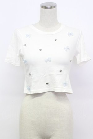 画像: Ank Rouge / ハート&リボンビジュー半袖カットソー  白ＸシルバーＸサックス T-26-03-15-001-CA-TO-SA-ZT
