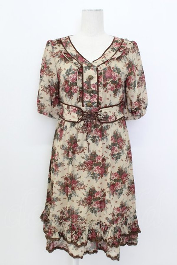 画像1: axes femme / 薔薇ブーケプリントウエストベルトデザインワンピース  ベージュ T-26-03-17-029-AX-OP-SA-ZT (1)