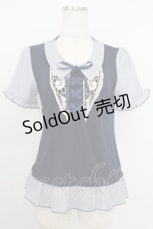 画像: axes femme / フロント編み上げ半袖トップス  ネイビー T-26-03-21-015-AX-TO-SA-ZT