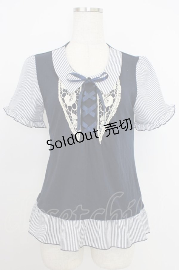 画像1: axes femme / フロント編み上げ半袖トップス  ネイビー T-26-03-21-015-AX-TO-SA-ZT (1)