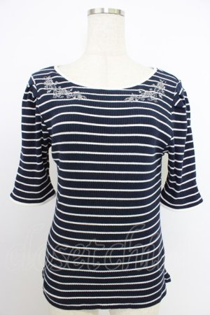 画像: axes femme / 刺繍入りボーダーリブプルオーバー  ネイビー T-26-03-21-017-AX-TS-SA-ZT