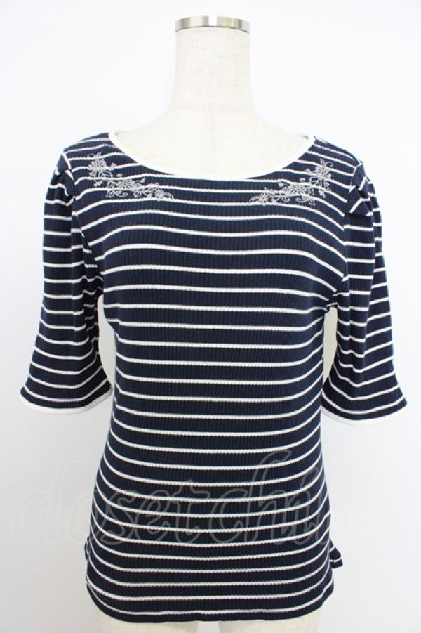 画像1: axes femme / 刺繍入りボーダーリブプルオーバー  ネイビー T-26-03-21-017-AX-TS-SA-ZT (1)