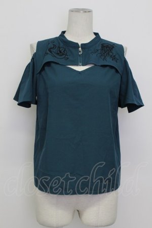 画像: axes femme POETIQUE / ダークマリン肩開き刺繍ブラウス M ブルーグリーン T-26-03-23-011-AX-BL-SA-ZT