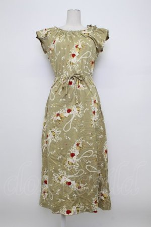 画像: KANEKO ISAO / アクセサリー&フラワーpt襟元シャーリングワンピース  オリーブ T-26-03-23-015-EL-OP-SA-ZT