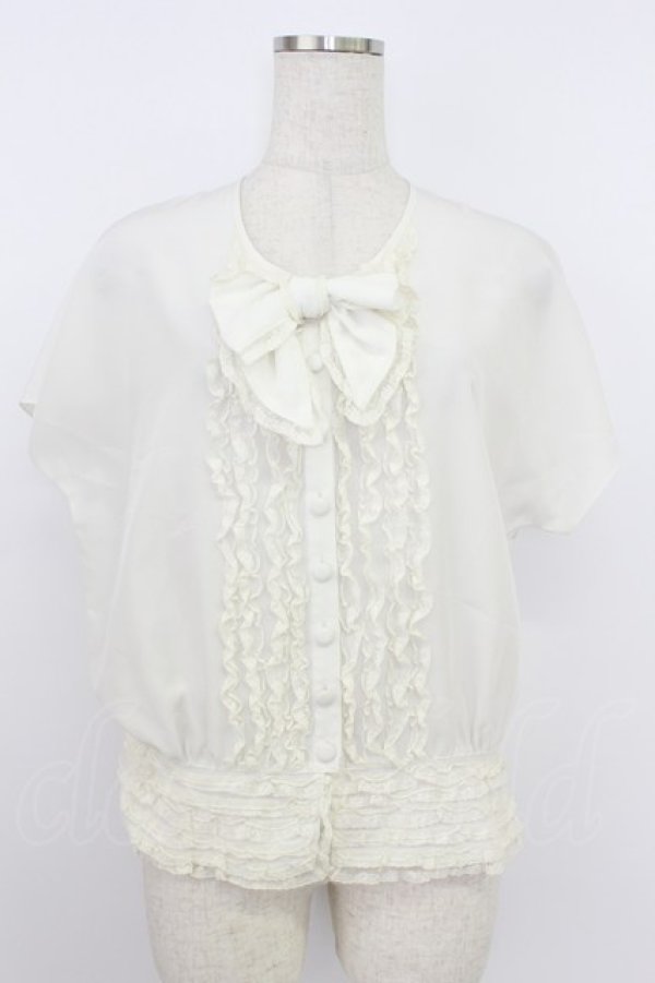 画像1: PINK HOUSE / 胸元リボン&裾レース半袖ブラウス  アイボリー T-26-03-24-002-LO-BL-SA-ZT (1)
