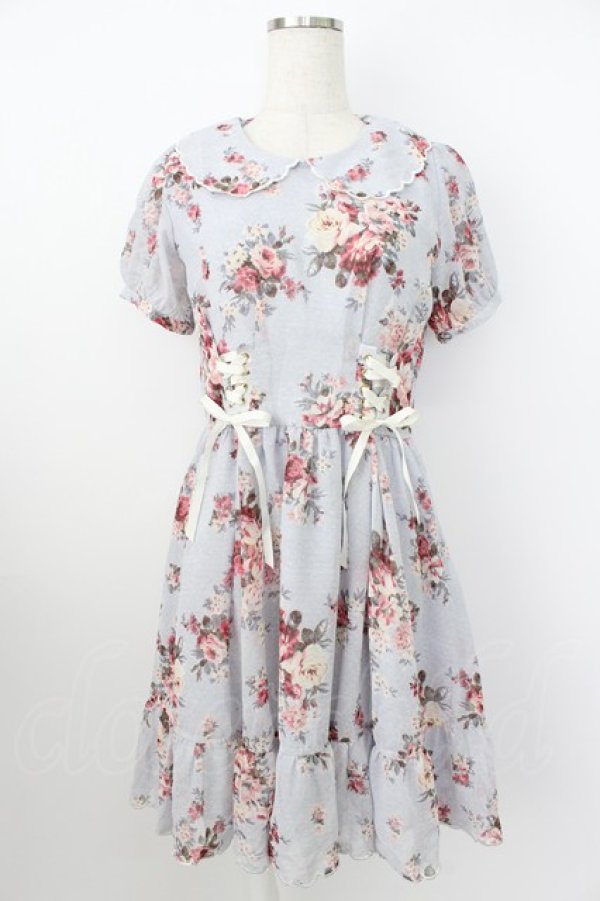 画像1: axes femme POETIQUE / 花柄スカラップ襟半袖ワンピース M サックス T-26-03-25-032-AX-OP-SA-ZT (1)