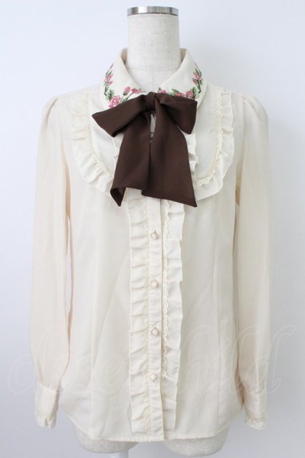 画像1: axes femme / お花刺繍フリルブラウス  アイボリーＸブラウン T-26-03-25-008-AX-BL-SA-ZT (1)