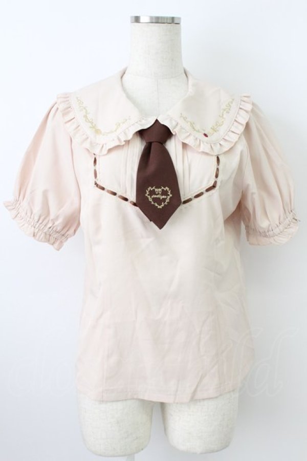 画像1: axes femme POETIQUE / レトロ喫茶刺繍パフ袖ブラウス  ピンクベージュ T-26-03-25-014-AX-BL-SA-ZT (1)