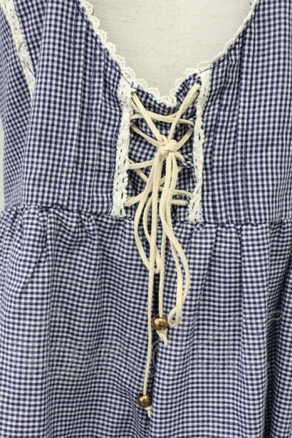 画像4: Ank Rouge / ギンガムチェック裾刺繍ミニワンピース M ネイビー T-26-04-03-028-CA-OP-SA-ZT (4)