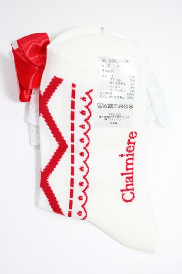 画像2: Chalmiere / コットンレースソックス  白Ｘ赤 T-26-04-04-041-0-ZA-SA-ZT (2)