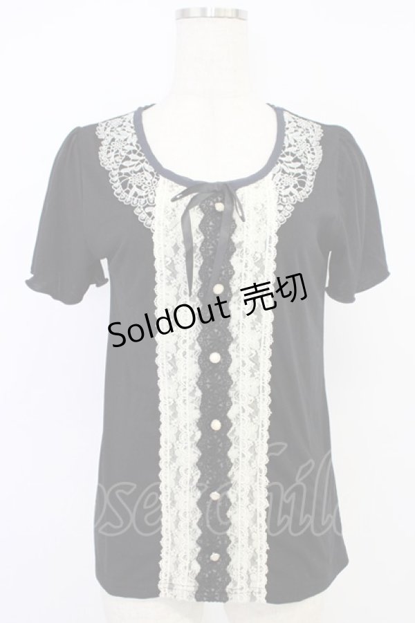 画像1: axes femme / 刺繍&レース半袖プルオーバー M ブラック T-26-04-10-012-AX-TO-SA-ZT (1)