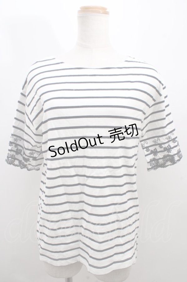 画像1: axes femme / 袖刺繍ボーダーTシャツ M 生成り Y-23-12-29-030-AX-TS-SZ-ZT393 (1)