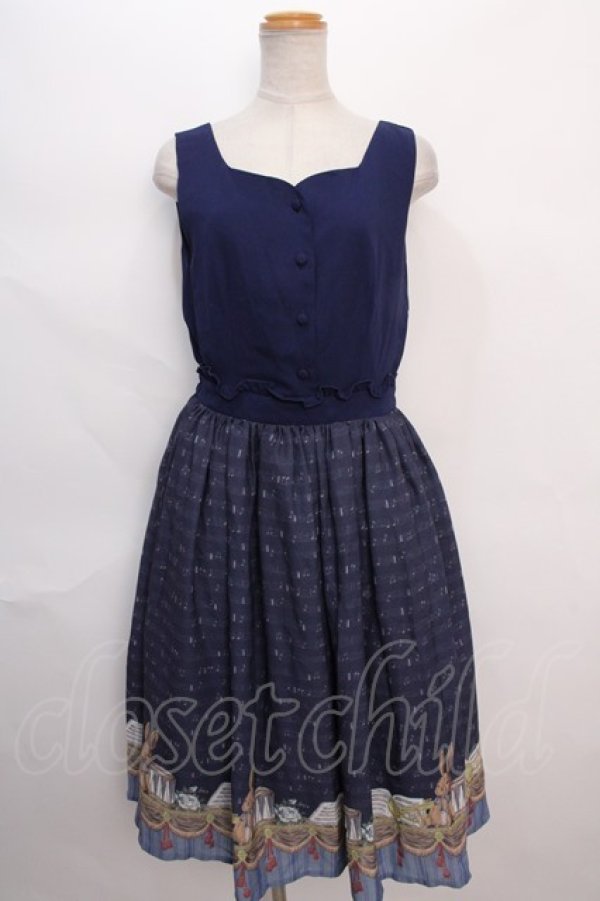 画像1: axes femme POETIQUE / パルティシオン柄ワンピース M 紺 Y-24-06-08-122-AX-OP-SZ-ZT225 (1)