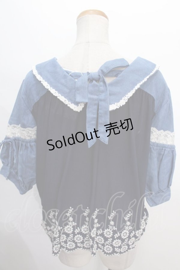 画像2: axes femme / ストライプ袖レース切替えトップス M ウォッシュ Y-24-08-04-114-AX-TO-SZ-ZI (2)
