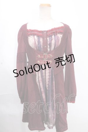 画像: Ozz oneste / 重ね着風編上げプリントワンピース  ボルドー Y-24-12-09-069-OO-OP-SZ-ZS