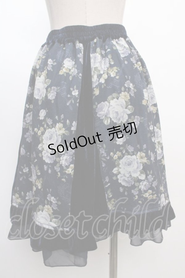 画像2: axes femme / ベロア×花柄ハギスカート  紺 Y-25-02-05-004-AX-SK-SZ-ZT198 (2)