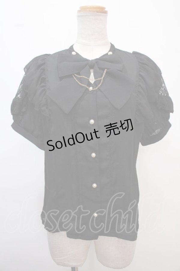 画像1: axes femme POETIQUE / リボン付スタンド襟フリルブラウス M 黒 Y-25-02-13-068-AX-BL-SZ-OS (1)