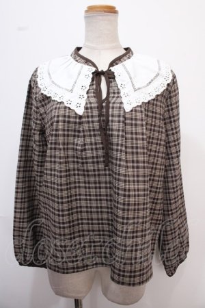画像: axes femme POETIQUE / レース襟チェックレトロブラウス M 茶 Y-25-02-13-076-AX-BL-SZ-ZT069