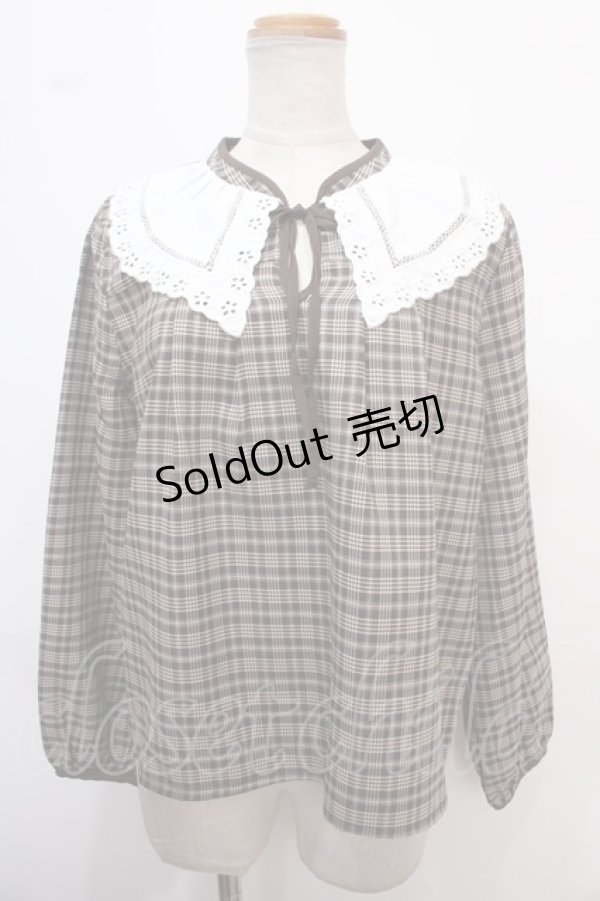 画像1: axes femme POETIQUE / レース襟チェックレトロブラウス M 茶 Y-25-02-13-076-AX-BL-SZ-ZT069 (1)