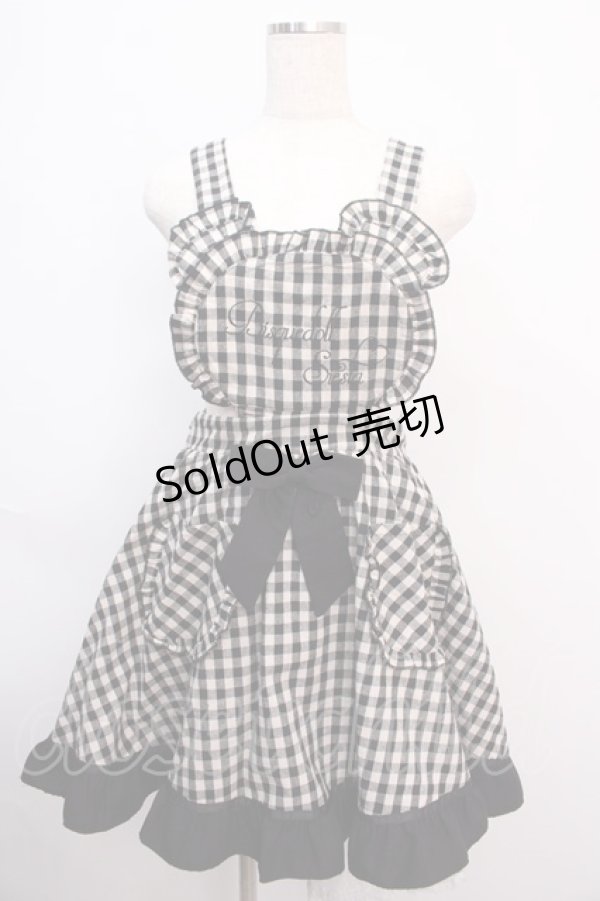 画像1: Amavel / 刺繍入りくま耳付エプロンドレスジャンスカ F チェック(黒) Y-25-02-21-135-CA-OP-SZ-ZY (1)