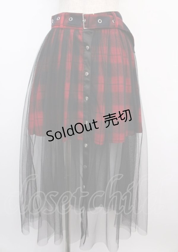 画像1: LISTEN FLAVOR / ベルト付きフロントスナップチュールマキシスカート F レッド×ブラック Y-25-02-21-206-PU-SK-SZ-ZS (1)
