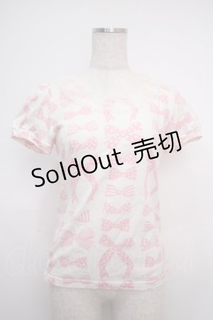 画像: Emily Temple cute / リボンプリントパフスリーブカットソー  ピンク Y-25-02-27-070-ET-TO-SZ-ZY