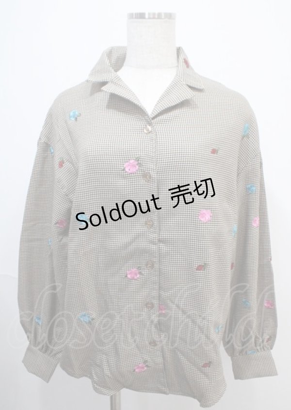 画像1: jouetie / 花刺繍千鳥柄シャツ  ブラウン Y-25-03-04-095-EL-BL-SZ-ZY (1)